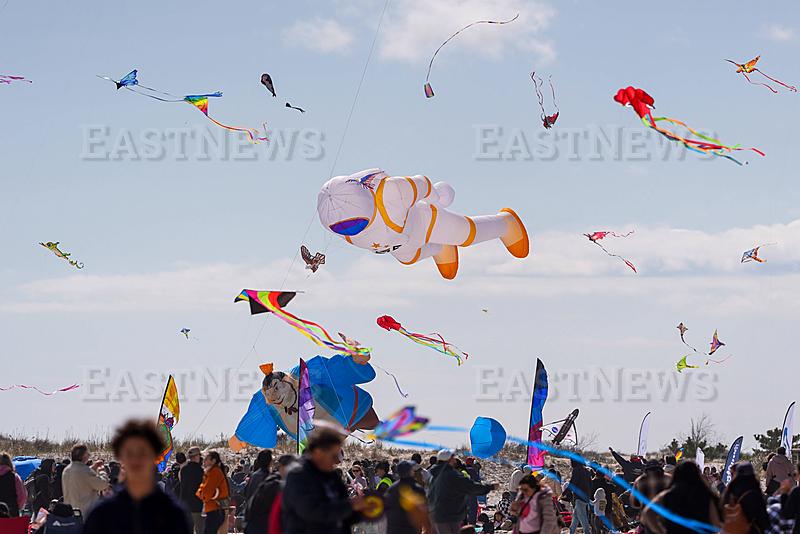 NEW YORK, NY - APRIL 26: Kites of different shapes soar in the sky during the 6th Annual Babylon Kite Festival on April 